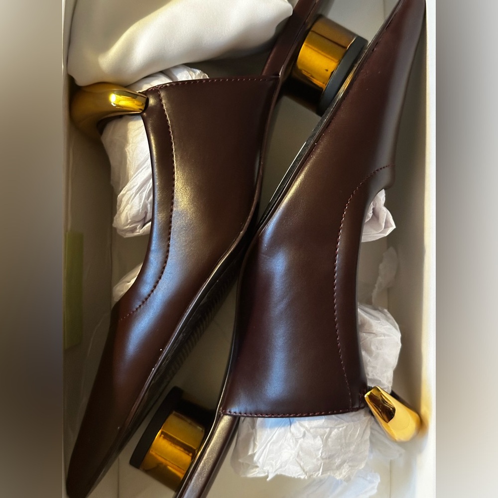 JW PEI Chocolate Brown and Gold Pointed Toe Mules - Picture 3 of 3